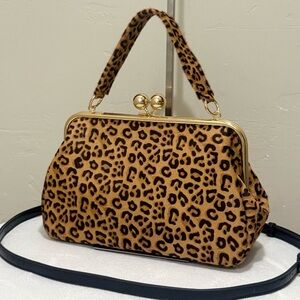 Leopard Print Hair-on Cowhide Handmade Kisslock Frame Bag, 3 Strap Styles